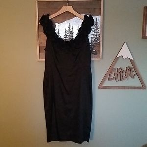 Blk Fitted Dress w/ Rosette/Ruffle detail neckline
